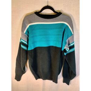 Vintage 90s Spettro Striped Sweater | Large | Teal Colorblock Retro Streetwear